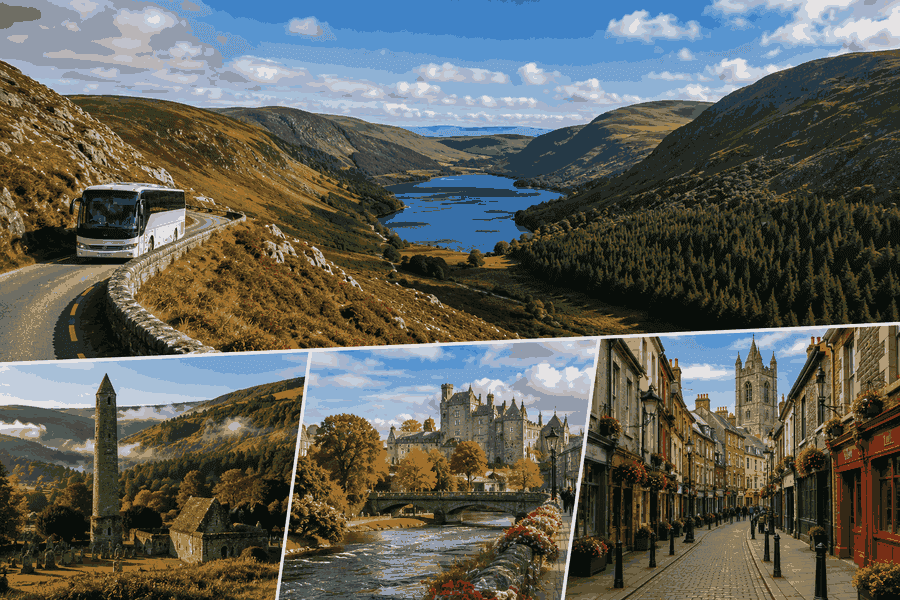 Wicklow Mountains, Glendalough and Kilkenny day tour from Dublin featuring scenic mountain landscapes, Glendalough’s Round Tower and historic Kilkenny.